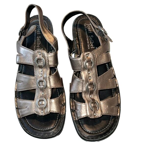 Josef Seibel 41 Bronze & Black Low Profile Women's Leather Sandals - Picture 1 of 3